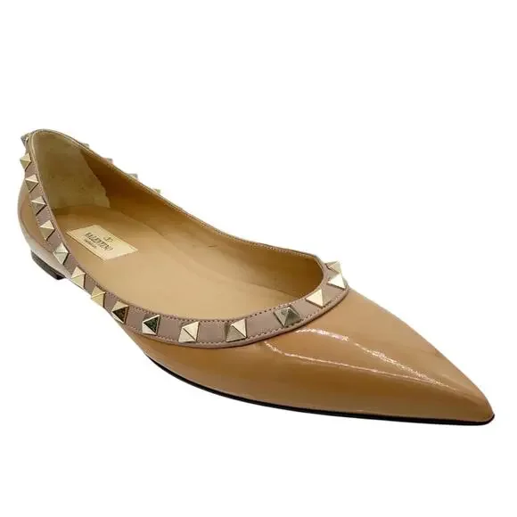 Valentino Garavani Rockstud Ballet Flat Shoes Nude Patent Leather Size 39 US 9 - Picture 15 of 15
